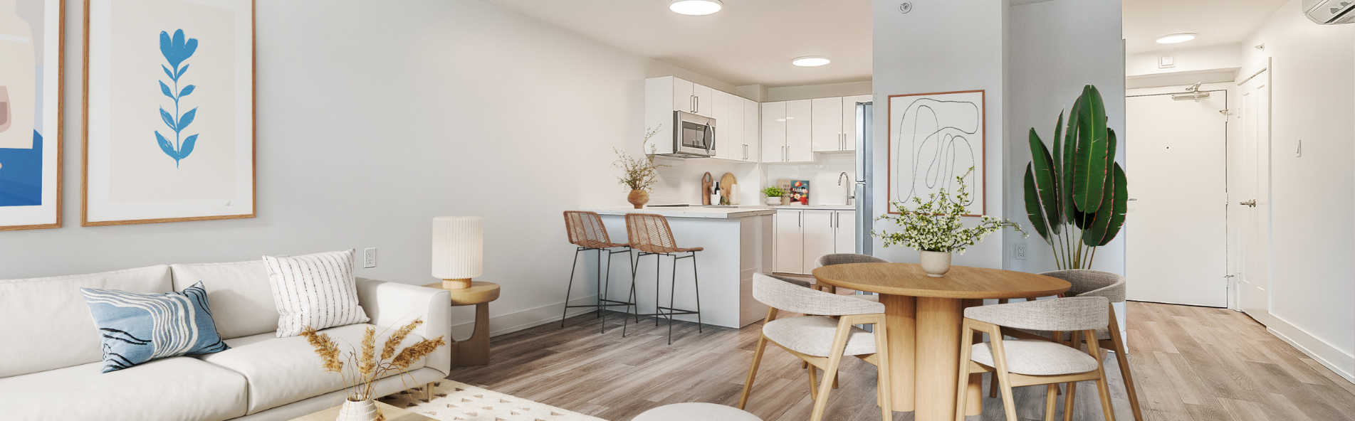 Open concept living area of apartment in Meadowvale. Elora by Minto Apartments.